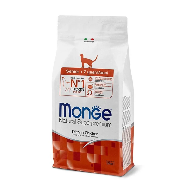 Monge Natural Senior Ricco in Pollo Crocchette per Gatti Anziani 1,5 kg