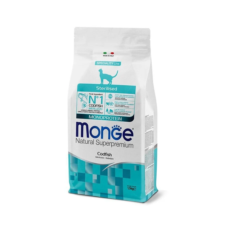 Monge Natural Sterilised Monoprotein Merluzzo Crocchette Gatti Sterilizzat 1,5kg