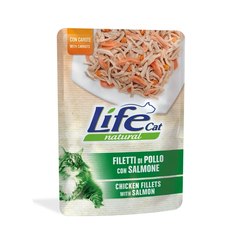 Life Cat Natural Filetti di Pollo con Salmone e Carote 70g Cibo Umido per Gatti