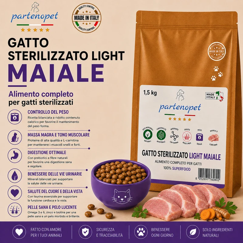 Partenopet Sterilised Cat Light Maiale Pressato a Freddo 1,5 kg