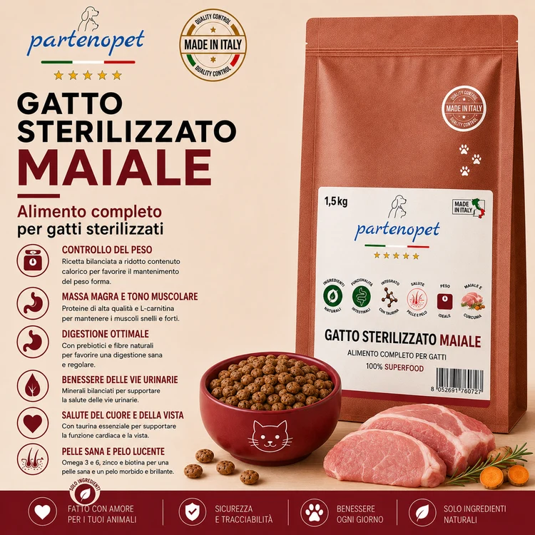 Partenopet Sterilised Cat Maiale Pressato a Freddo 1,5 kg