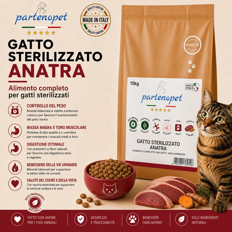 Partenopet Crocchette Gatto Sterilizzato all'Anatra Pressate a Freddo 10 kg