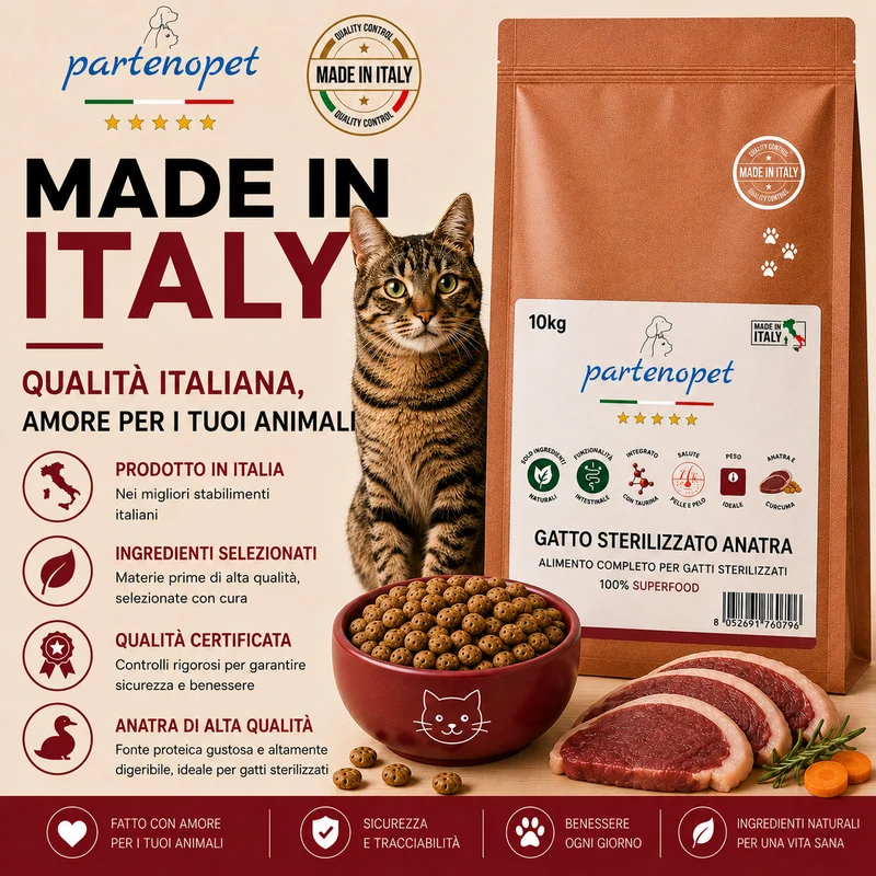 Partenopet Crocchette Gatto Sterilizzato all'Anatra Pressate a Freddo 10 kg