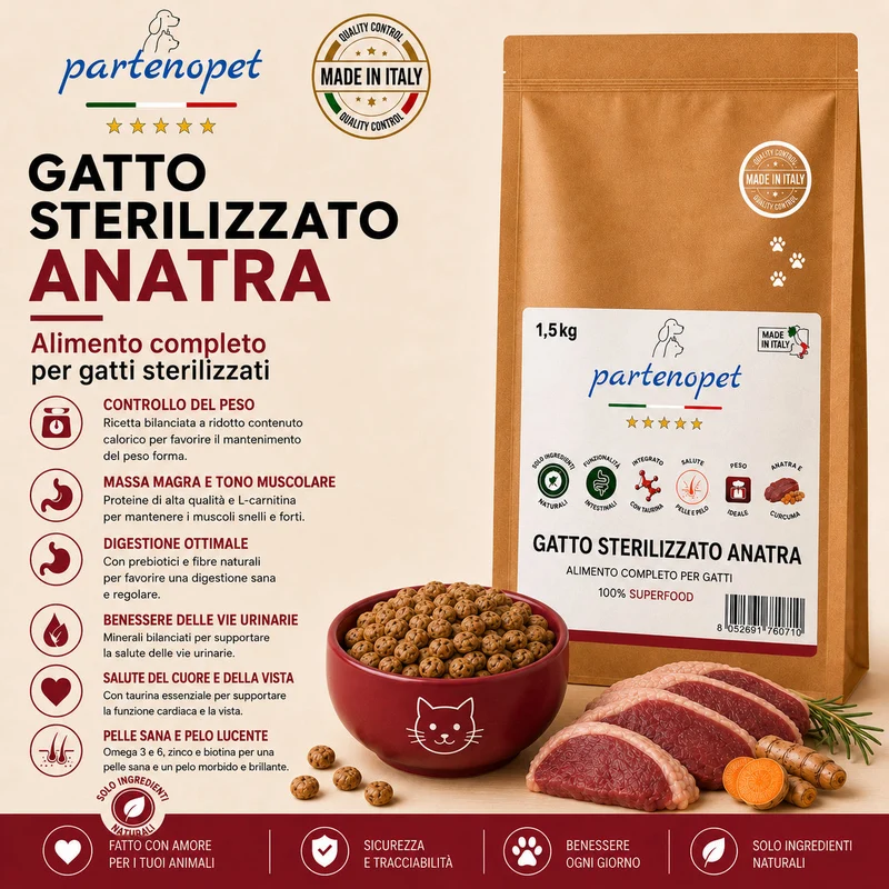 Partenopet Sterilised Cat Anatra Pressato a Freddo 1,5 kg