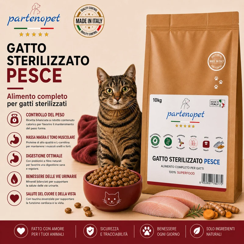 Partenopet Crocchette Gatto Sterilizzato al Pesce Pressate a Freddo 10 kg