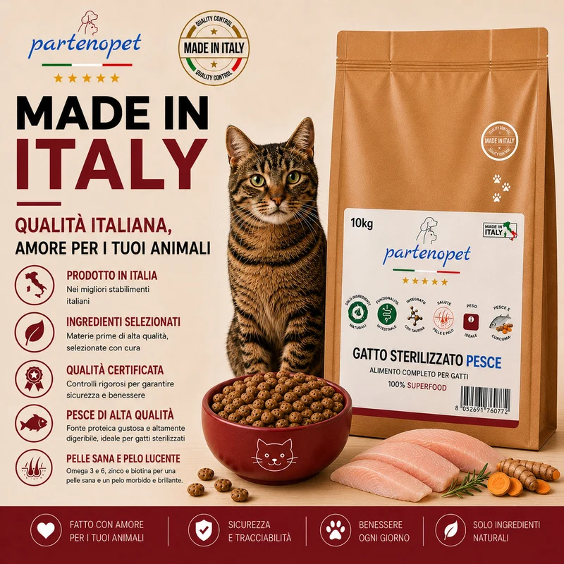 Partenopet Crocchette Gatto Sterilizzato al Pesce Pressate a Freddo 10 kg