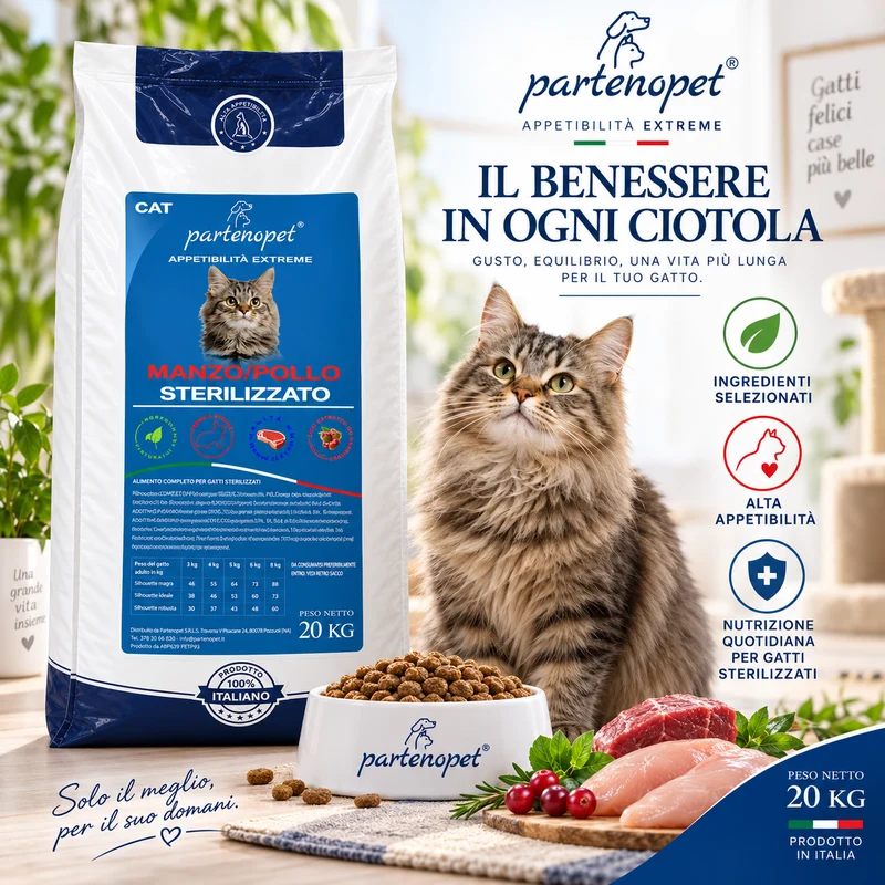 Partenopet Crocchette Gatti Sterilizzati Manzo e Pollo 20 kg