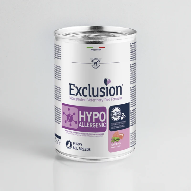 Exclusion Hypoallergenic Puppy Alimento Umido per Cani al Maiale e Piselli 400g
