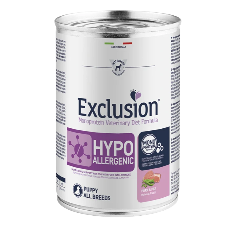 Exclusion Hypoallergenic Puppy Alimento Umido per Cani al Maiale e Piselli 400g