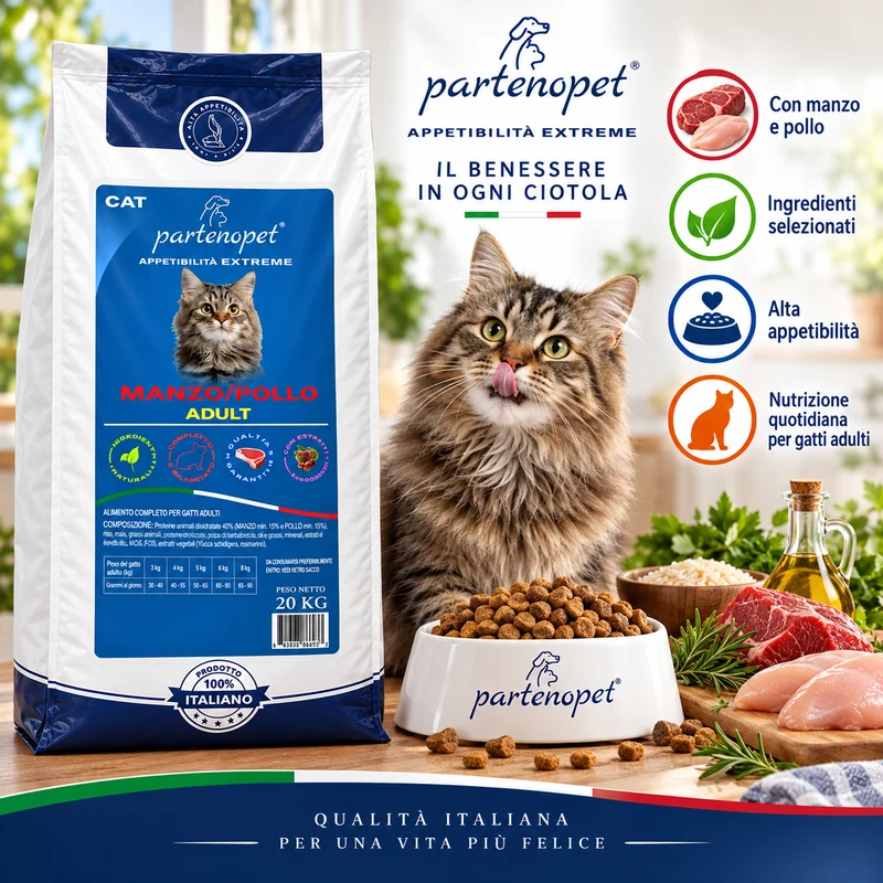 Partenopet Crocchette Gatti Adulti Manzo e Pollo 20 kg