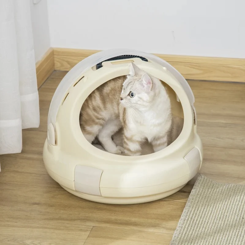 Cuccia Trasportino Rotonda per Gatti Confortevole Nido in Peluche con Fermo di Sicurezza, Ø 41 cm x 32,5 cm , Beige
