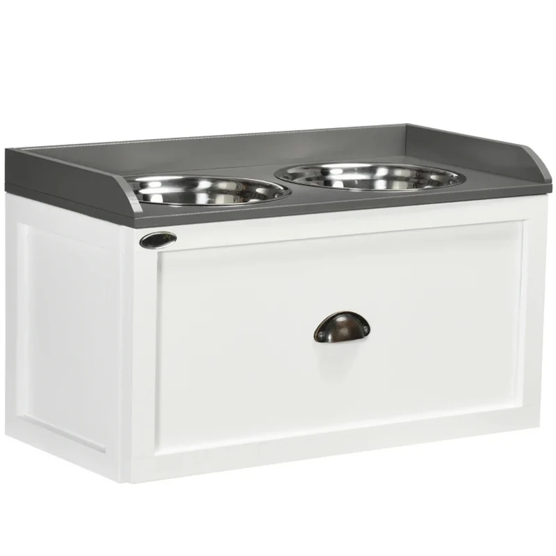 Set ciotole per Cani in acciaio con Mobiletto in legno con Cassetto 60x30x36h cm