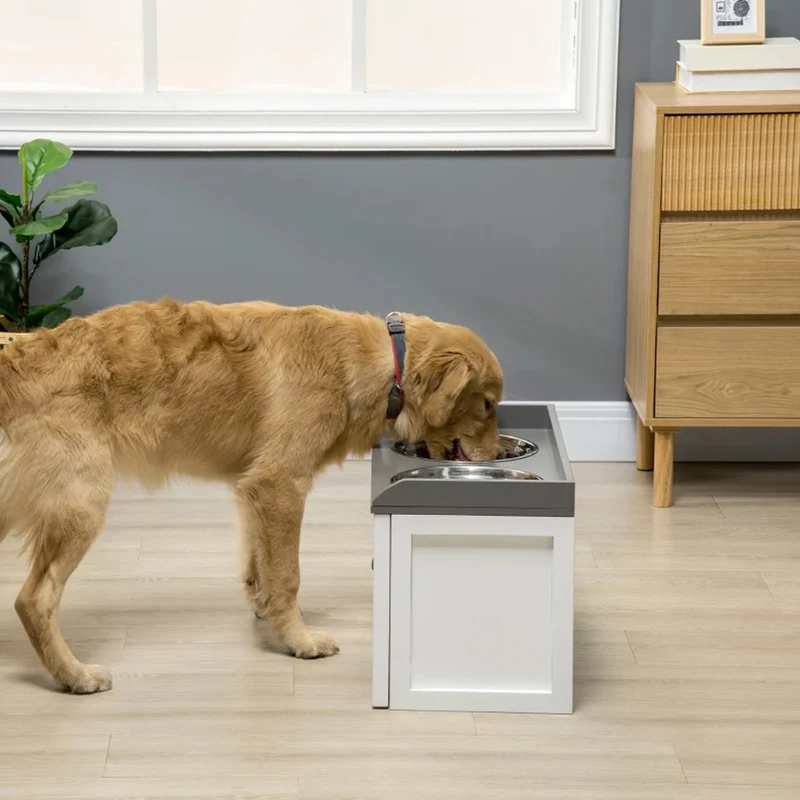 Set ciotole per Cani in acciaio con Mobiletto in legno con Cassetto 60x30x36h cm