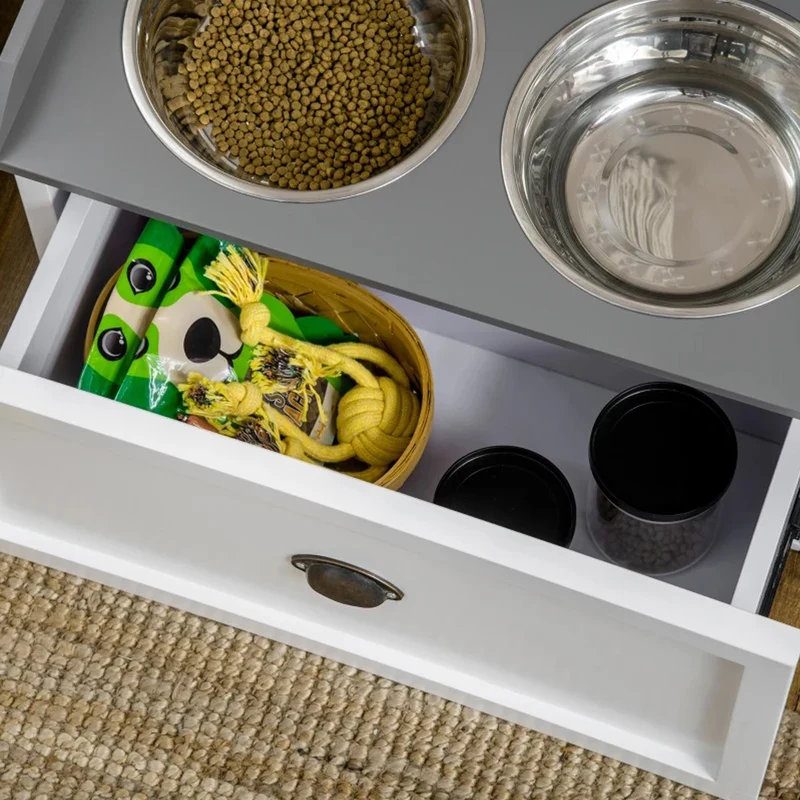 Set ciotole per Cani in acciaio con Mobiletto in legno con Cassetto 60x30x36h cm