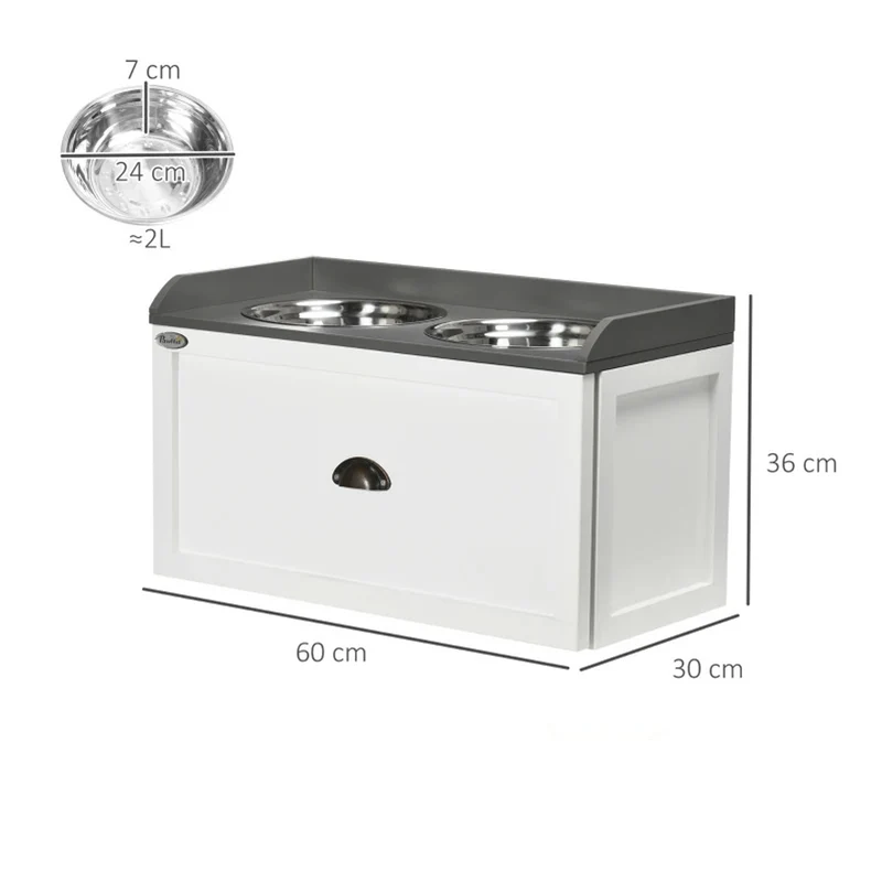 Set ciotole per Cani in acciaio con Mobiletto in legno con Cassetto 60x30x36h cm