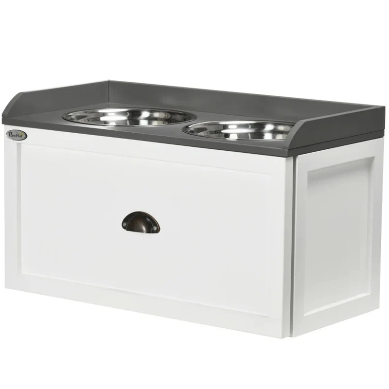 Set ciotole per Cani in acciaio con Mobiletto in legno con Cassetto 60x30x36h cm