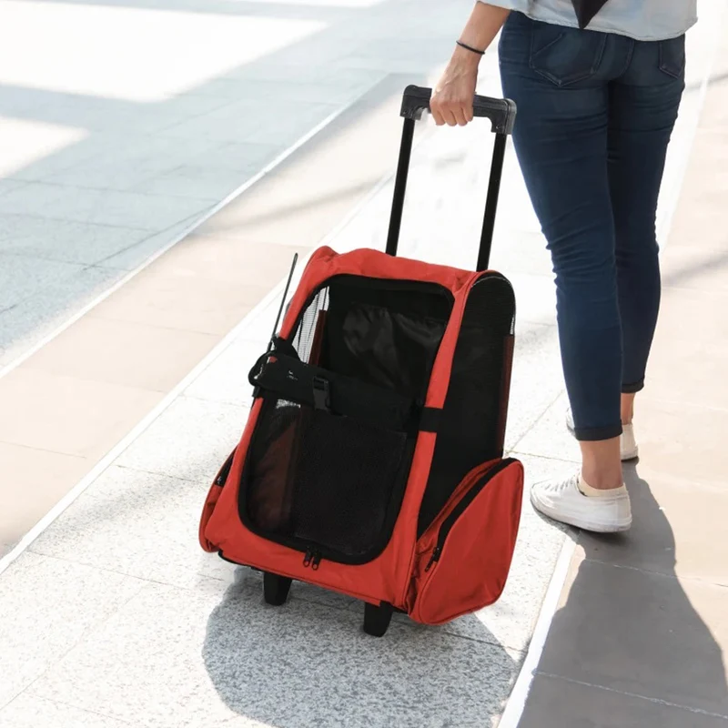 Trasportino Zaino 2 in 1 per Cani e Gatti con Tasche Laterali, Maniglia Telescopica e Ruote, 42x25x55cm