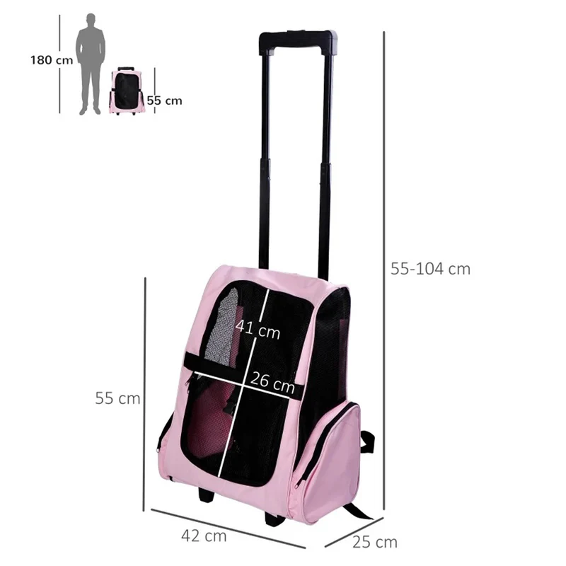 Trasportino Zaino 2 in 1 per Cani e Gatti con Tasche Laterali, Maniglia Telescopica e Ruote, 42x25x55cm