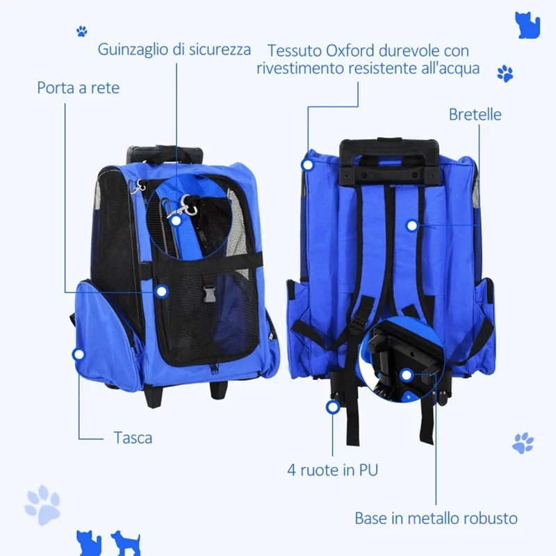 Trasportino Zaino 2 in 1 per Cani e Gatti con Tasche Laterali, Maniglia Telescopica e Ruote, 42x25x55cm