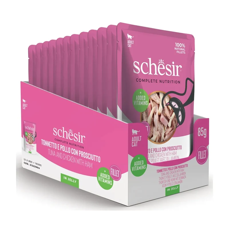 12x85g Schesir Tonnetto e Pollo con Prosciutto in Gelatina Gatto
