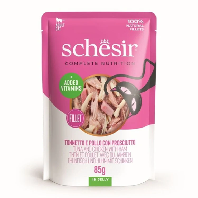 12x85g Schesir Tonnetto e Pollo con Prosciutto in Gelatina Gatto