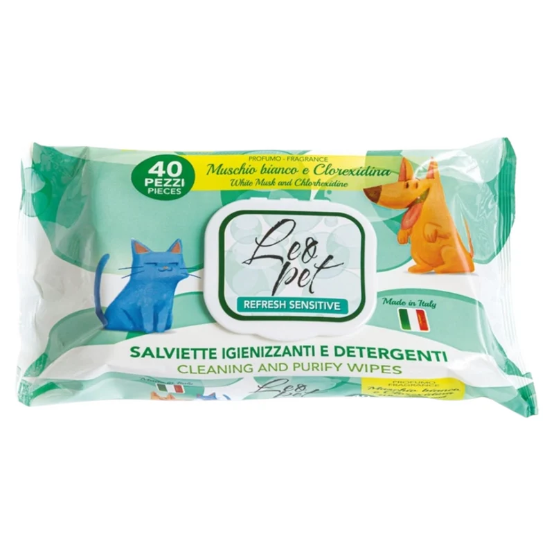 LEOPET Salviette Detergenti Muschio Bianco e Clorexidina 40pz