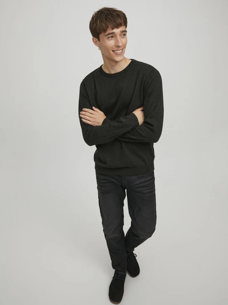 JACK & JONES JJEBASIC Knit Crew Neck Noos Pullover, Forest Night/Detail:Twisted with Black, M Uomo