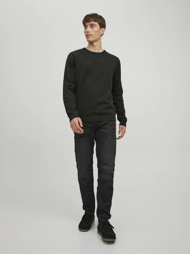 JACK & JONES JJEBASIC Knit Crew Neck Noos Pullover, Forest Night/Detail:Twisted with Black, M Uomo