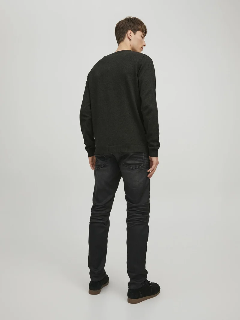 JACK & JONES JJEBASIC Knit Crew Neck Noos Pullover, Forest Night/Detail:Twisted with Black, M Uomo