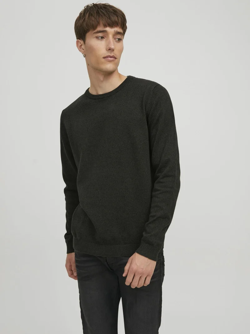JACK & JONES JJEBASIC Knit Crew Neck Noos Pullover, Forest Night/Detail:Twisted with Black, M Uomo