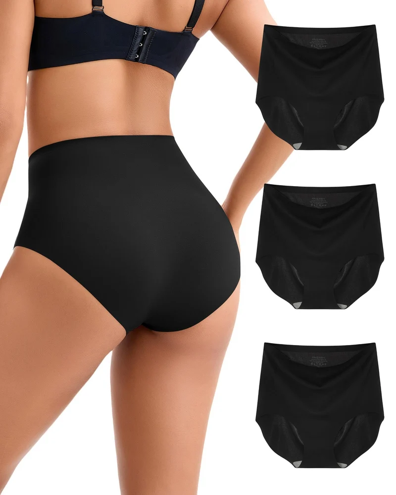 INNERSY Slip Donna Senza Cuciture Nero Vita Alta Mutande Microfibra Culotte Elastico Pacco da 3 (M, 3 Nero Classico)