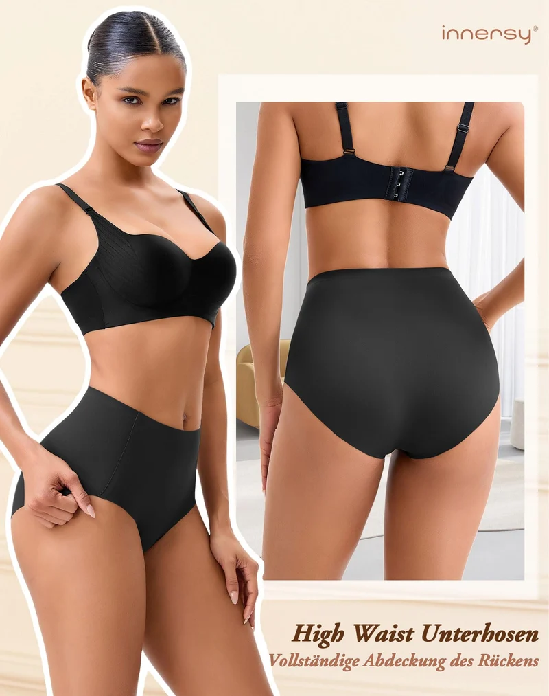 INNERSY Slip Donna Senza Cuciture Nero Vita Alta Mutande Microfibra Culotte Elastico Pacco da 3 (M, 3 Nero Classico)