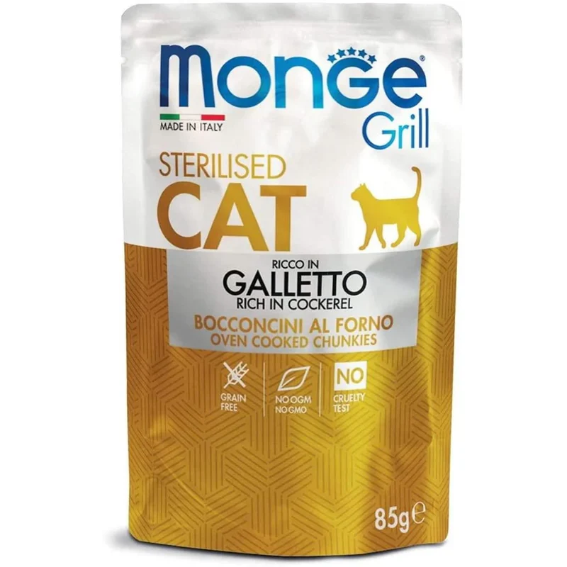 28x85g Monge Grill Sterilised Galletto Cibo Umido per Gatti