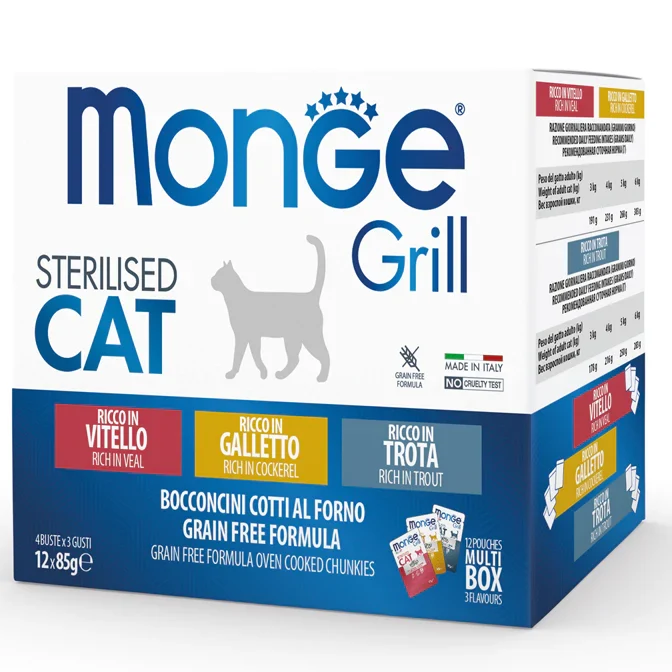 48x85g Monge Grill Sterilised Vitello Galletto Trota