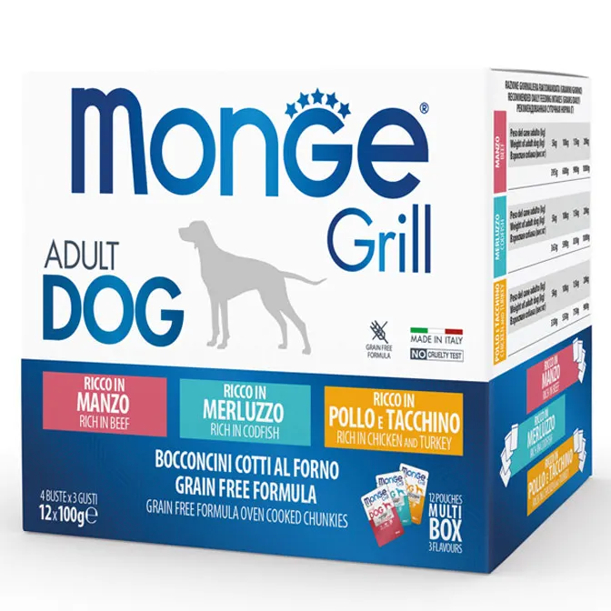 4x100g Monge Grill Adult Manzo Merluzzo Pollo e Tacchino 12x100g