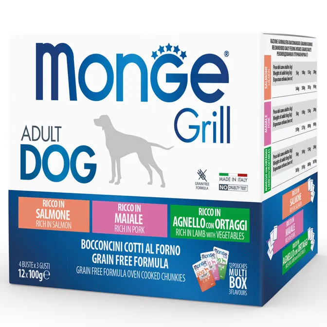 48x100g Monge Grill Adult Salmone Maiale Agnello - Umido Cane