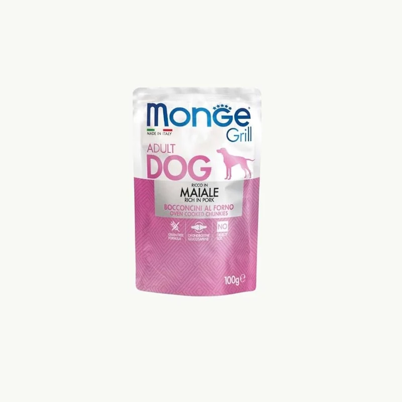 24x100g Monge Grill Bocconcini Maiale Adult Umido Cani Cotto al Forno