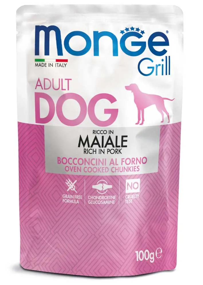 24x100g Monge Grill Bocconcini Maiale Adult Umido Cani Cotto al Forno