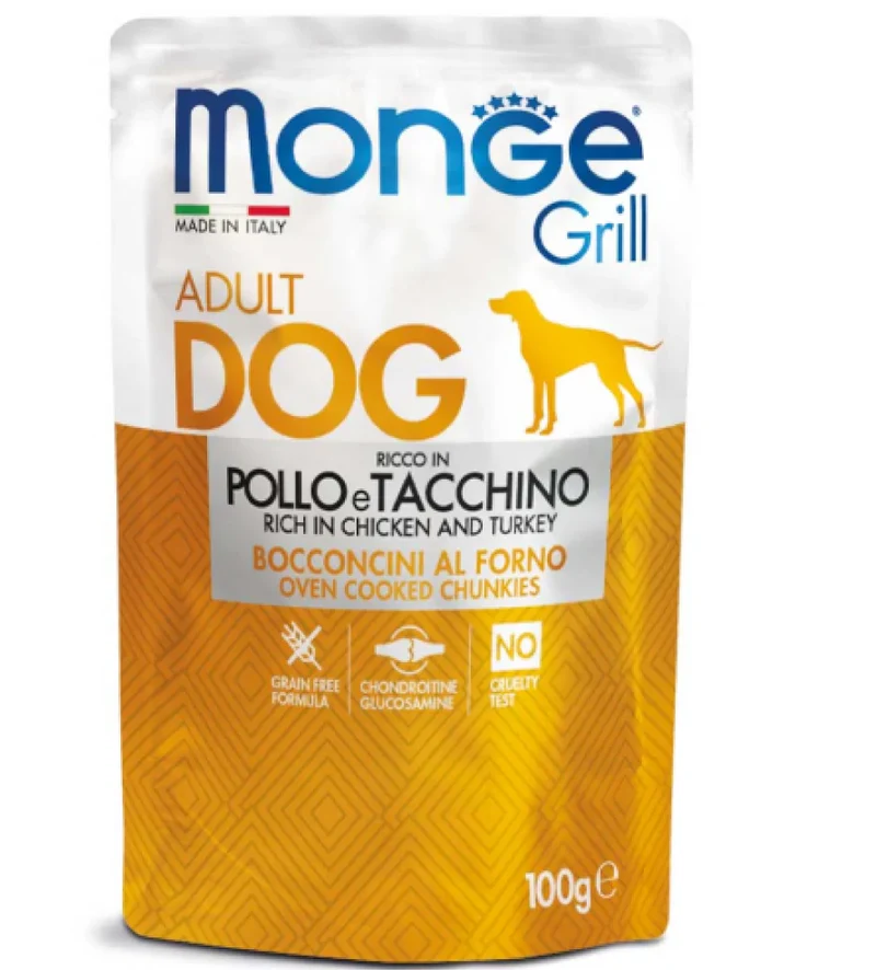 24x100g Monge Grill Bocconcini Pollo e Tacchino Umido Cani Adulti