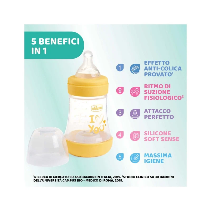 Chicco Biberon Neonato Perfect 5 Biberon Giallo Flusso Lento 150 ml 0Mesi+