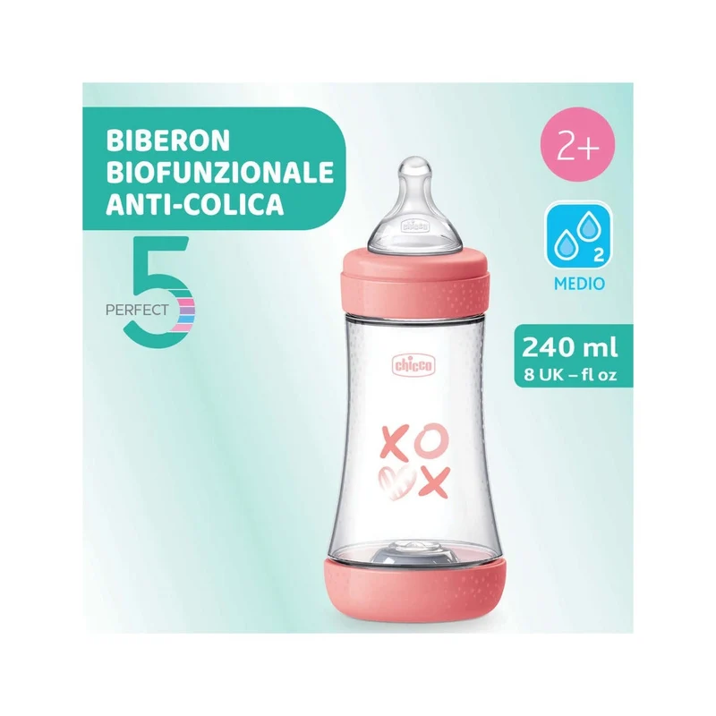 Chicco Biberon Neonato Perfect 5 Biberon Rosa Flusso Medio 240 ml 2Mesi+