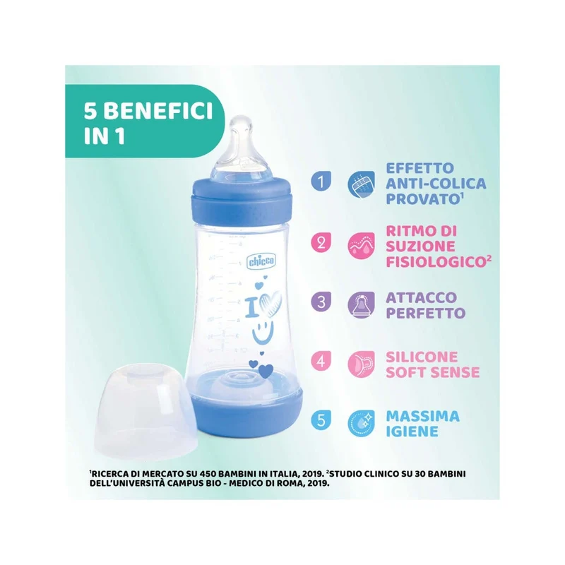 Chicco Biberon Neonato Perfect 5 Biberon Azzurro Flusso Medio 240 ml 2Mesi+