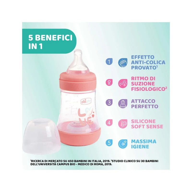 Chicco Biberon Neonato Perfect 5 Biberon Rosa Flusso Lento 150 ml 0Mesi+