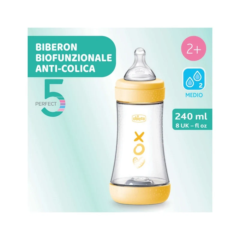 Chicco Biberon Neonato Perfect 5 Biberon Giallo Flusso Medio 240 ml 2Mesi+