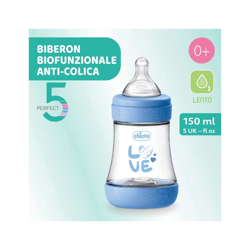 Chicco Biberon Neonato Perfect 5 Biberon Azzurro Flusso Lento 150 ml 0Mesi+