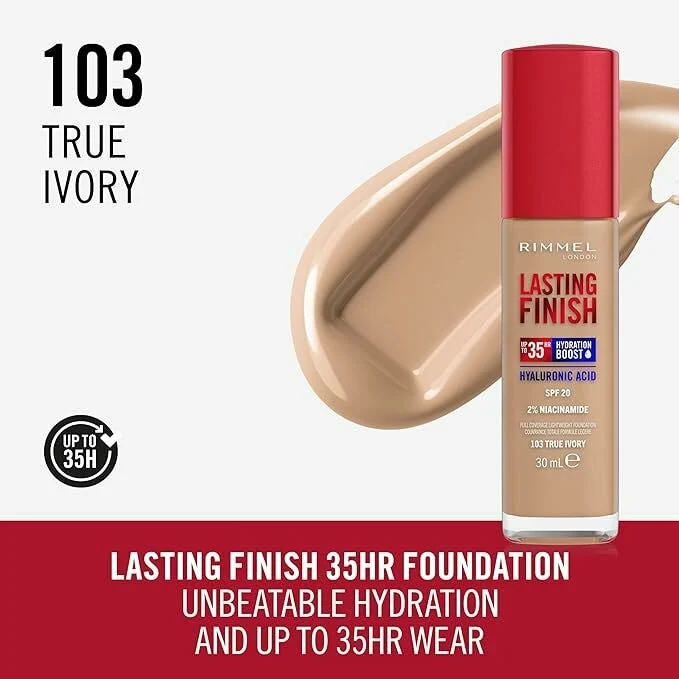 Rimmel Fondotinta Lasting Finish 35h Con Acido Ialuronico 103 True Ivory 30ml