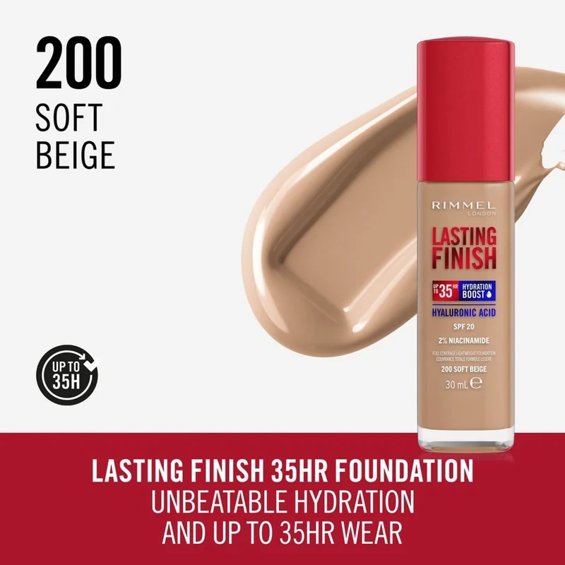 Rimmel Fondotinta Lasting Finish 35h Con Acido Ialuronico 200 Soft Beige 30ml
