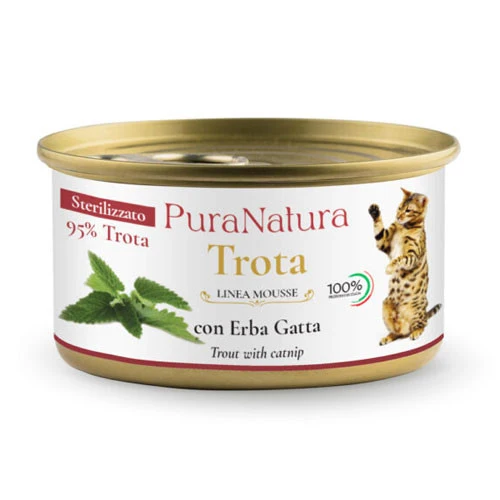 Pura Natura Dalla Grana umido MOUSSE gatto sterilizzato trota e erba gatta 85g