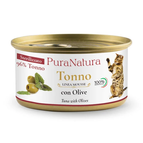 Pura Natura Dalla Grana umido MOUSSE gatto sterilizzato tonno e olive 85g