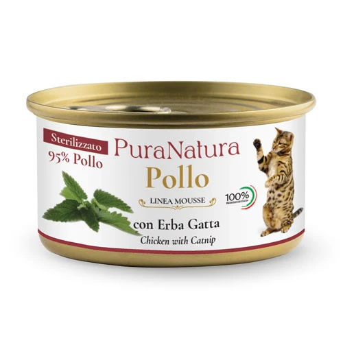 Pura Natura Dalla Grana umido MOUSSE gatto sterilizzato pollo e erba gatta 85g
